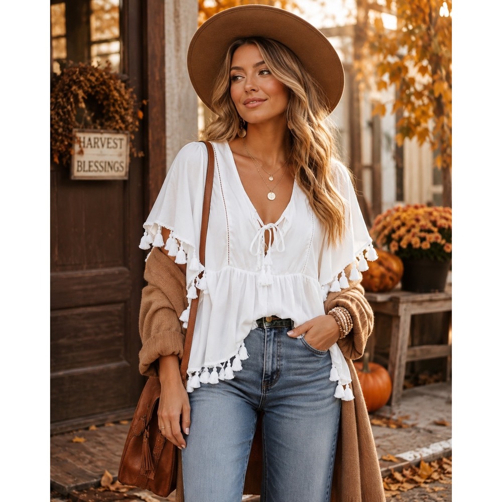 Show Me Your Mumu White Tassel Boho Blouse Small V Neck Flutter Sleeve Festival